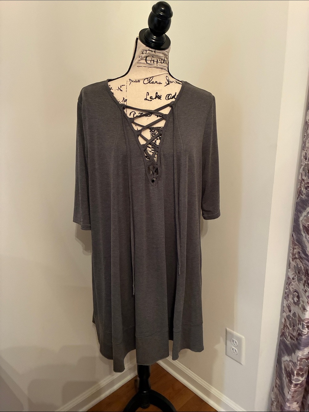 By Together Charcoal Lace-Up V-Neck Tunic Top/Dress